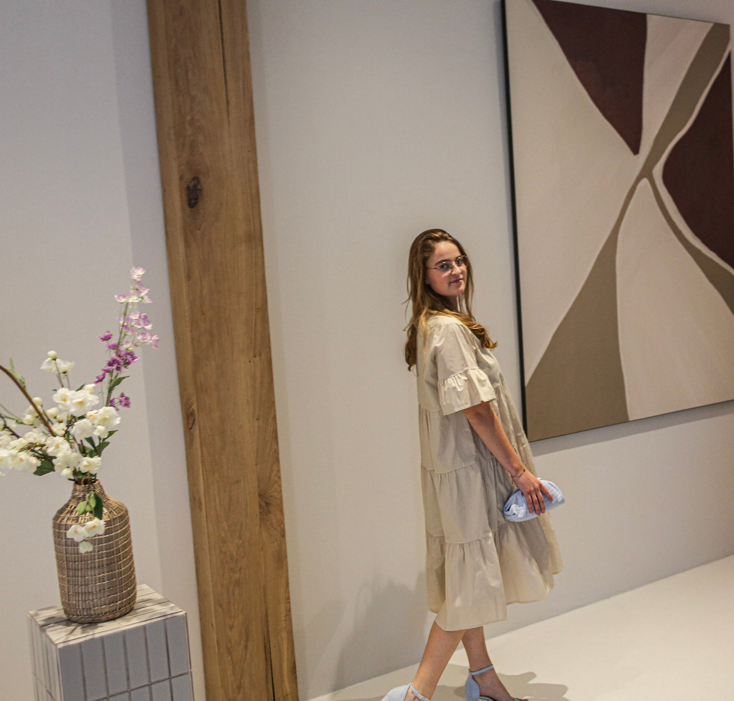 Beige Midi Zomerjurk met Ruches