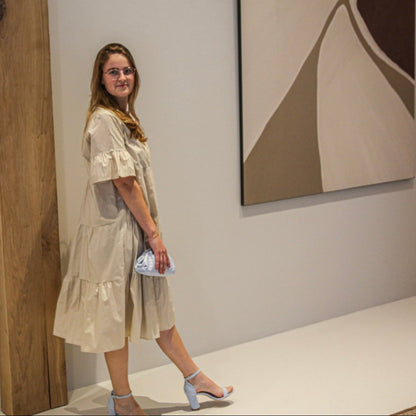 Beige Midi Zomerjurk met Ruches