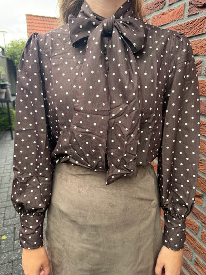 Blouse polkadot strik bruin